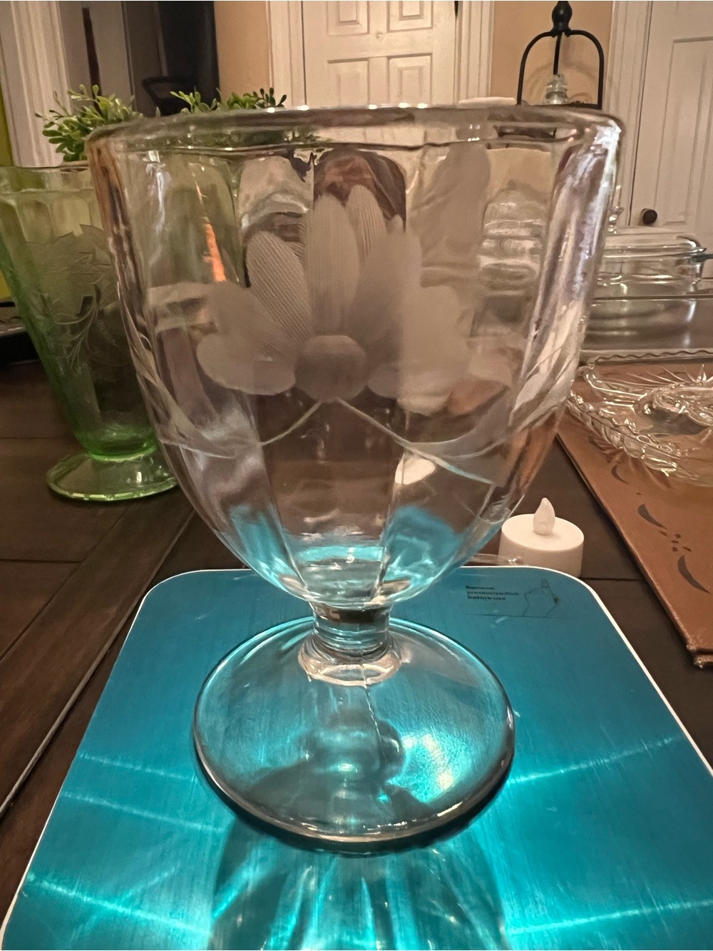 Etched Glass Pedestal Vase - Clear Glass with Floral Etching